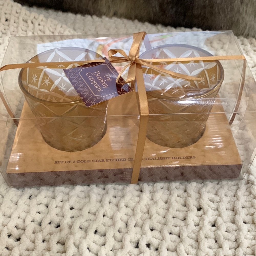 The Bombay company set of 2 gold star etched glass tealight holders